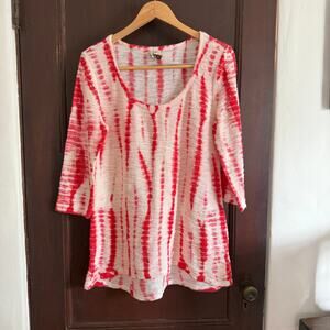 XCVI | Red and White Tie Dye Slub Knit Long Line Sweater  | Medium
